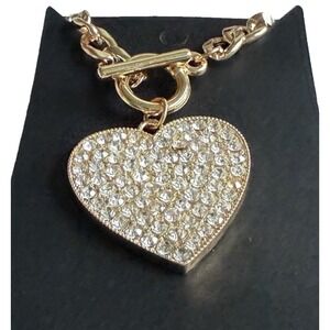 Pave Rhinestone Heart Gold Tone Chain Link Bracelet Toggle‎ Link NEW
